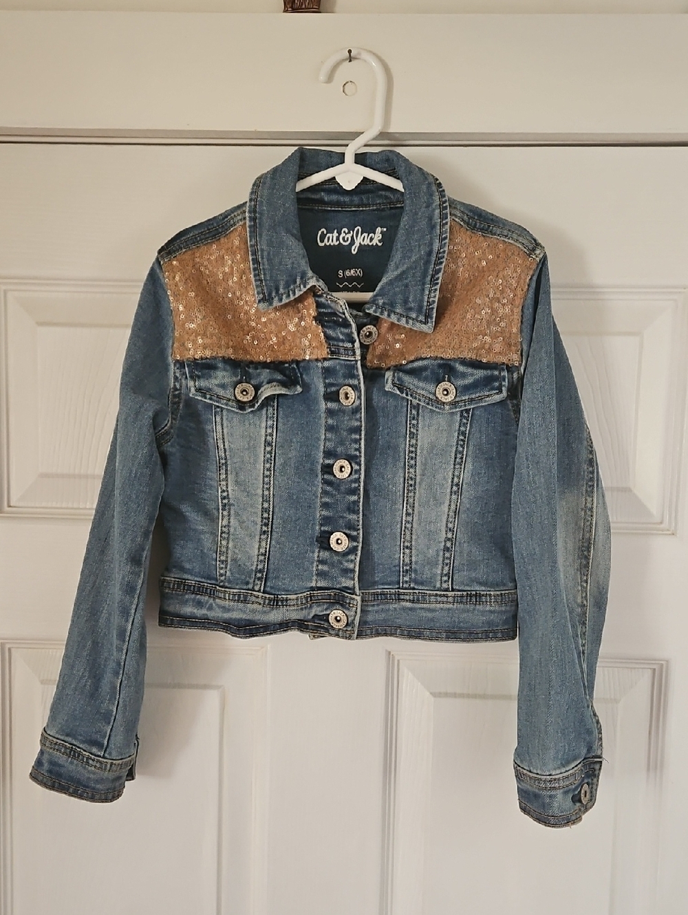 Cat & Jack Light Blue Denim Jacket with Sparklin Sequin Yoke Kids S